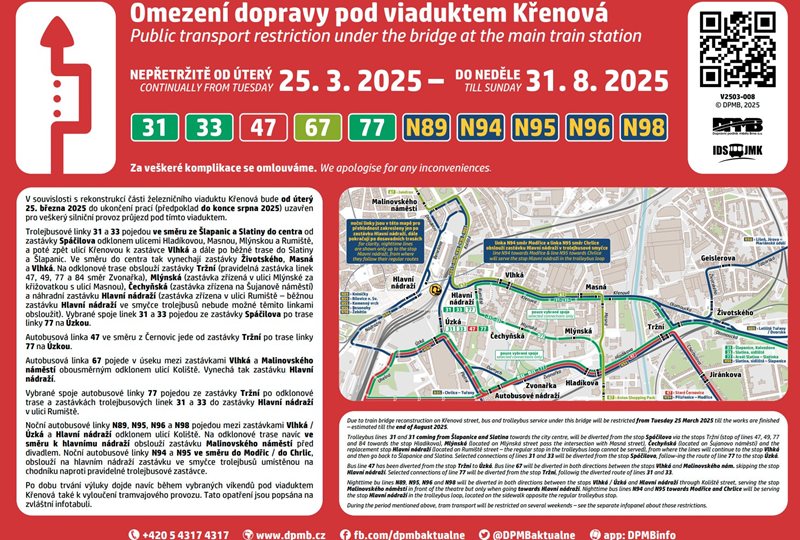 Omezení provozu pod viaduktem Křenová 25.3. - 31.8.2025