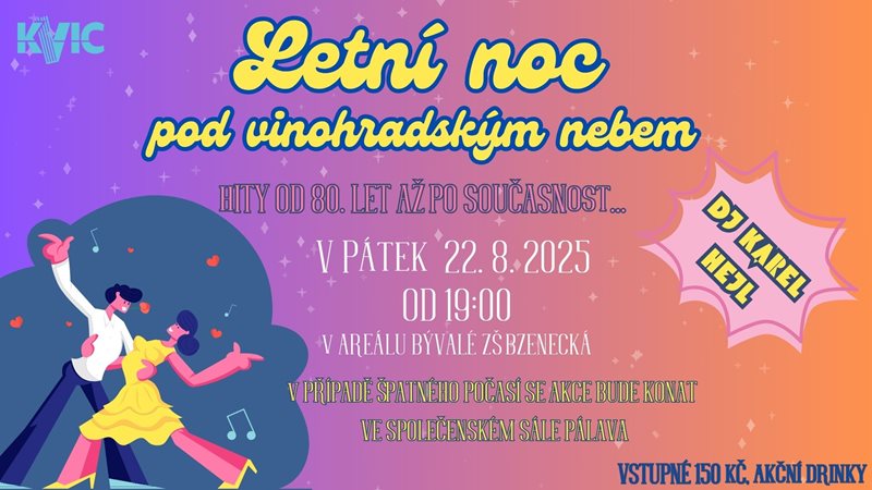 LETNÍ NOC POD VINOHRADSKÝM NEBEM. Přijďte si zatancovat, zavzpomínat a užít si večer plný skvělé hudby